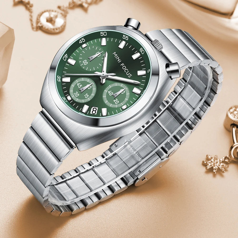 MINI FOCUS Silver Green Quartz Watch for Women Fashion Stainless Steel Band Chronograph Wristwatch with Luminous Hands Date 0491
