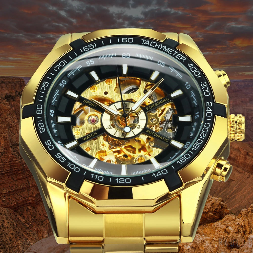 WINNER Fashion Skeleton Watch for Men Luminous Hand Classsic Mechanical Watches Stainless Steel Band Luxury Forsining Wristwatch