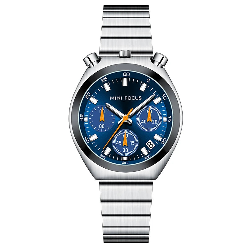MINI FOCUS Silver Green Quartz Watch for Women Fashion Stainless Steel Band Chronograph Wristwatch with Luminous Hands Date 0491