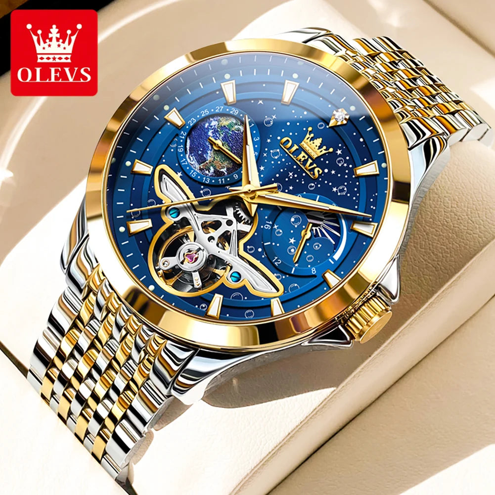 OLEVS Brand Luxury Tourbillon Mechanical Watch for Men Stainless Steel Waterproof Luminous Moon Phase Fashion Starry Sky Watches