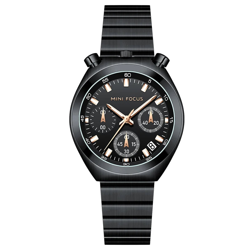MINI FOCUS Silver Green Quartz Watch for Women Fashion Stainless Steel Band Chronograph Wristwatch with Luminous Hands Date 0491