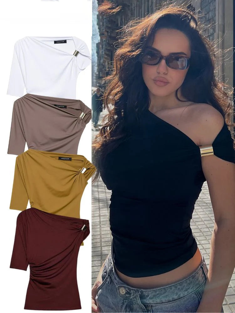 HH Vintage Women's Asymmetric Bustier Tops 2025 Female Sexy Skew Collar Off-shoulder Pleated Metal Decorate Shirt Streetwear