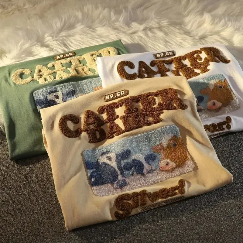 Cotton Oversize Flocking Tees American Ancient Calf Short Sleeve Shirt Men Women Summer Vintage Letter Streetwear Top