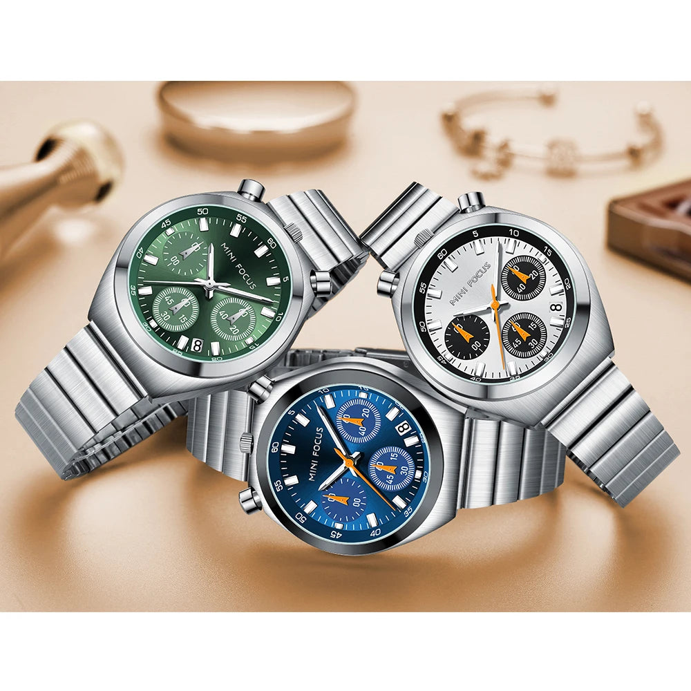 MINI FOCUS Silver Green Quartz Watch for Women Fashion Stainless Steel Band Chronograph Wristwatch with Luminous Hands Date 0491