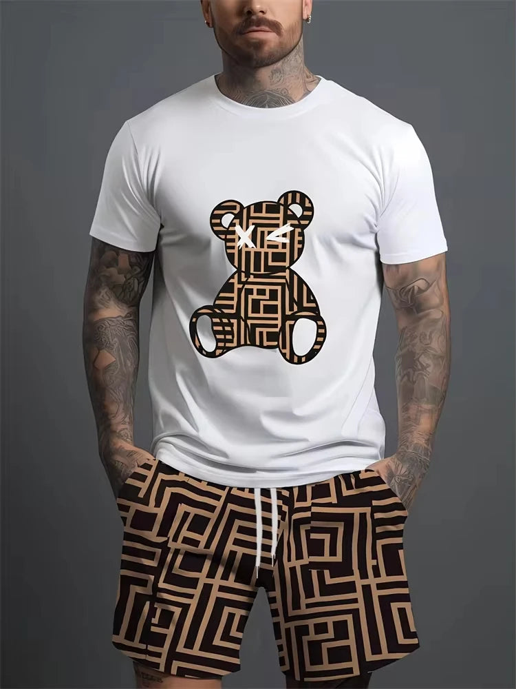 2025 Summer Daily Casual Men's Set Outdoor Sports Men's Beach Shorts Urban Fashion Bear Print Men's Short Sleeve T-shirt Lightwe