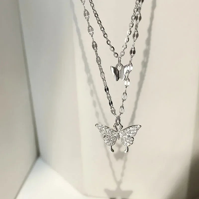 925 Sterling Silver Shiny CZ Butterfly Necklace Ladies Exquisite Double Layer Clavicle Chain Necklace Jewelry For Ladies Gift