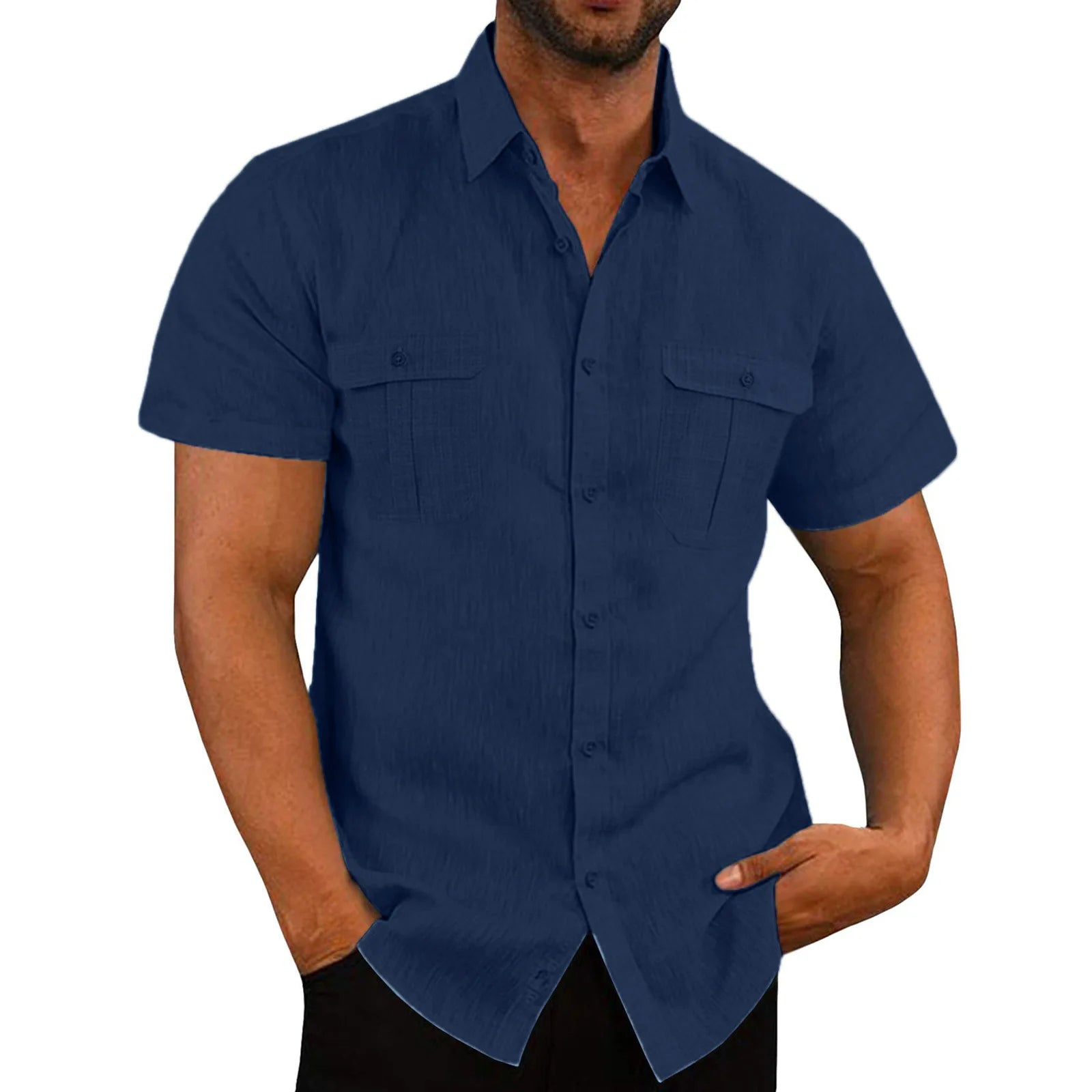 Cotton Linen Shirt Men Pocket Casual Beach Short Sleeve Solid Color Male Tops T-shirts Vintage Streetwear Comfort Casual Shirts