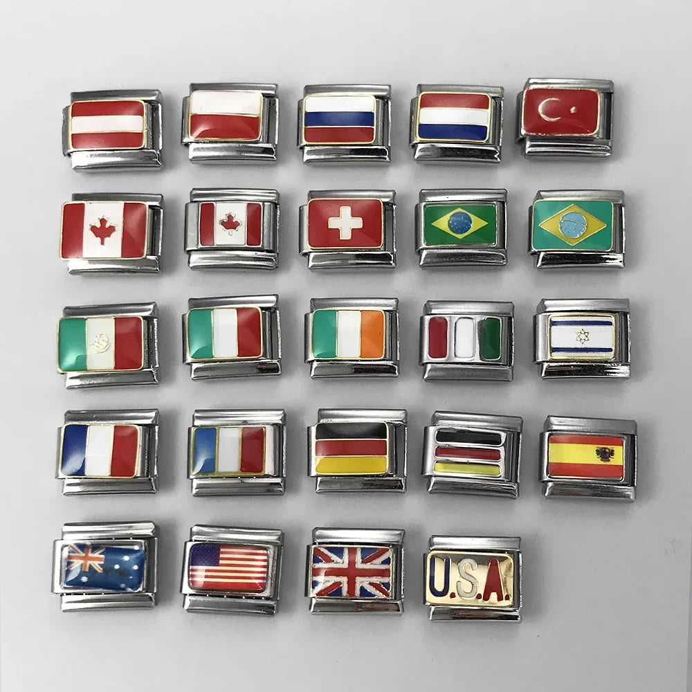 2025 New World National Flag Enamel Italian Charm Bead Fit 9mm Stianless Steel Italian Bracelet Link Hand Chain DIY Jewelry Gift