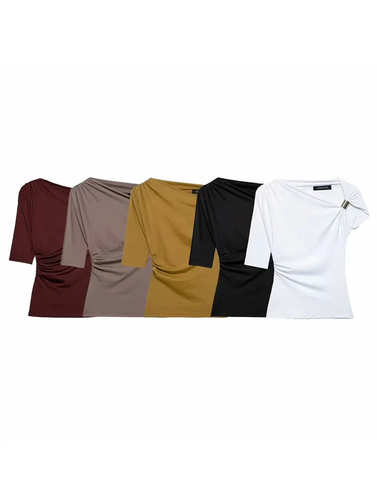 HH Vintage Women's Asymmetric Bustier Tops 2025 Female Sexy Skew Collar Off-shoulder Pleated Metal Decorate Shirt Streetwear