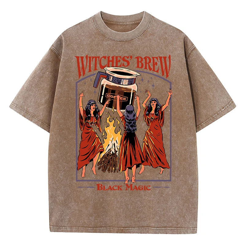 Witches Brew Coffee Black Magic Washed Retro Snow Mens T Shirt Summer Clothes Casual Tee Clothes T-Shirt Cotton Breathable Tops