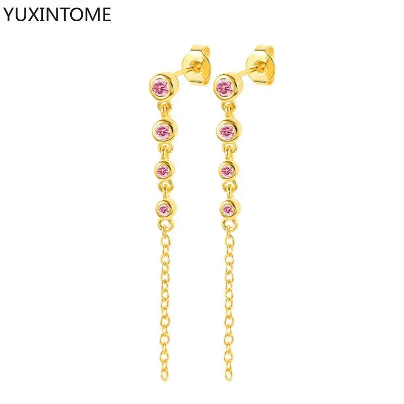925 Sterling Silver Needle Shiny Round Zircon Pendant Hoop Earrings Exquisite Long Chain Stud Earrings Women's Fashion Jewelry