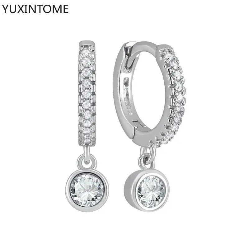 925 Sterling Silver Needle Shiny Round Zircon Pendant Hoop Earrings Exquisite Long Chain Stud Earrings Women's Fashion Jewelry