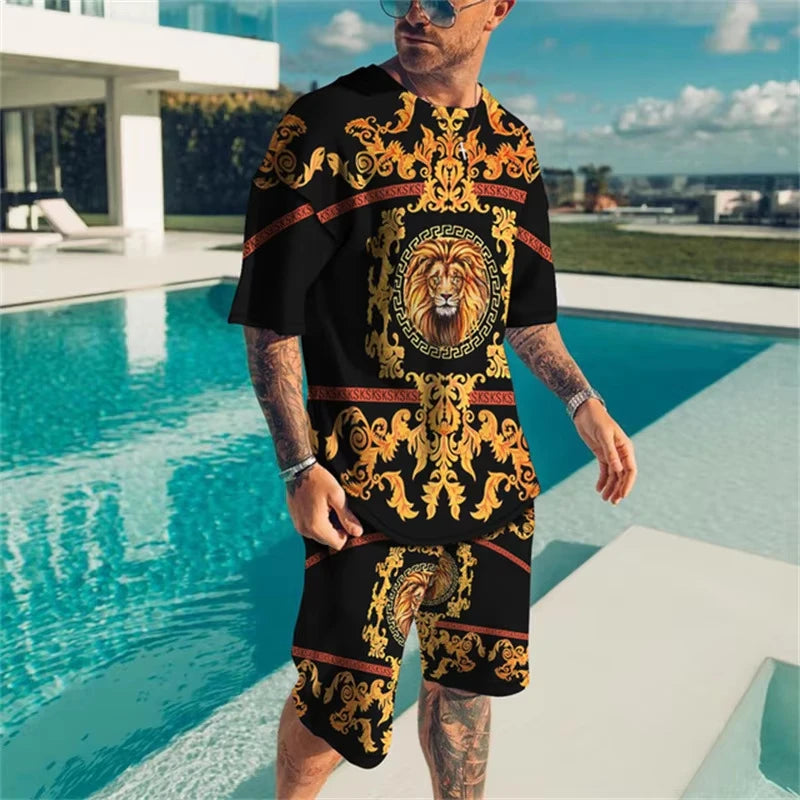 2025 Summer Daily Casual Men's Set Outdoor Sports Men's Beach Shorts Urban Fashion Bear Print Men's Short Sleeve T-shirt Lightwe
