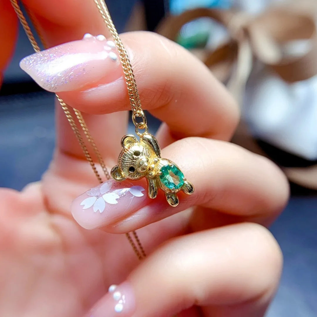 S925 Sterling Silver Natural Emerald Pendant Fashion Personality Bear Oval 4*5mm Birthday Gift for Women