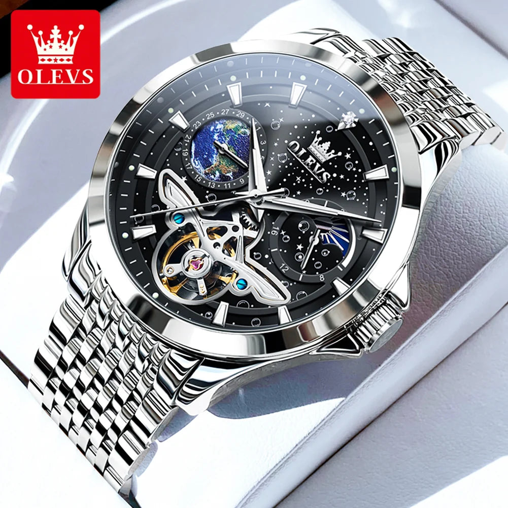 OLEVS Brand Luxury Tourbillon Mechanical Watch for Men Stainless Steel Waterproof Luminous Moon Phase Fashion Starry Sky Watches