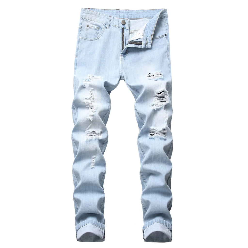 Cross-Border Men's Wear Ripped Straight-Leg Slim Fit Smooths Your Silhouette No Stretch Jeans Light-Colored Denim Trousers Amazo