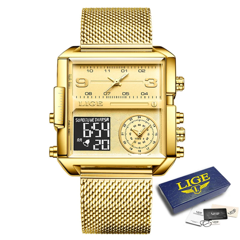 LIGE New Top Brand Luxury Fashion Men Watches Gold Steel Sports Square Digital Analog Big Quartz Watch for Man relogio masculino