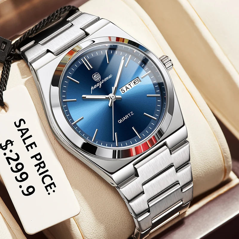 PAAZOMU Luxury Sport Quartz Man Wristwatch Waterproof Luminous Date Week Men Watches Stainless Steel Men's Watch Male Reloj+box