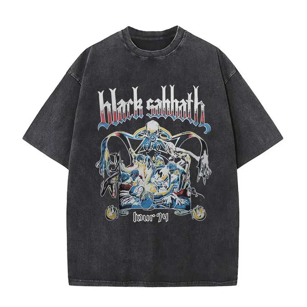 Short Sleeved Round Neck Y2k Tshirt Men Clothing New in Top & Tees Mens T-Shirt Heavy Metal Rock Band Black Sabbath Tour Washed