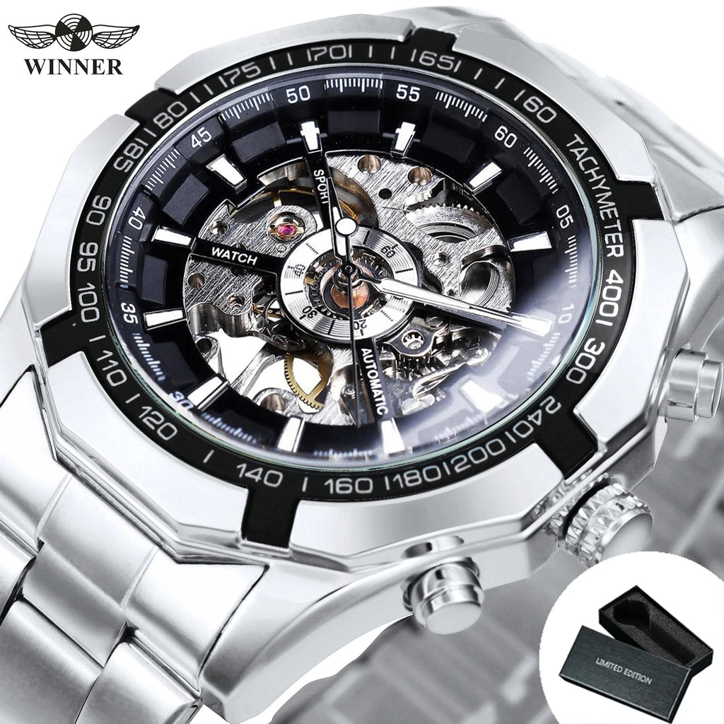 WINNER Fashion Skeleton Watch for Men Luminous Hand Classsic Mechanical Watches Stainless Steel Band Luxury Forsining Wristwatch