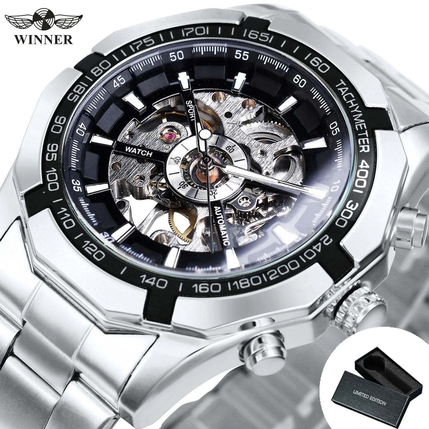 WINNER Fashion Skeleton Watch for Men Luminous Hand Classsic Mechanical Watches Stainless Steel Band Luxury Forsining Wristwatch