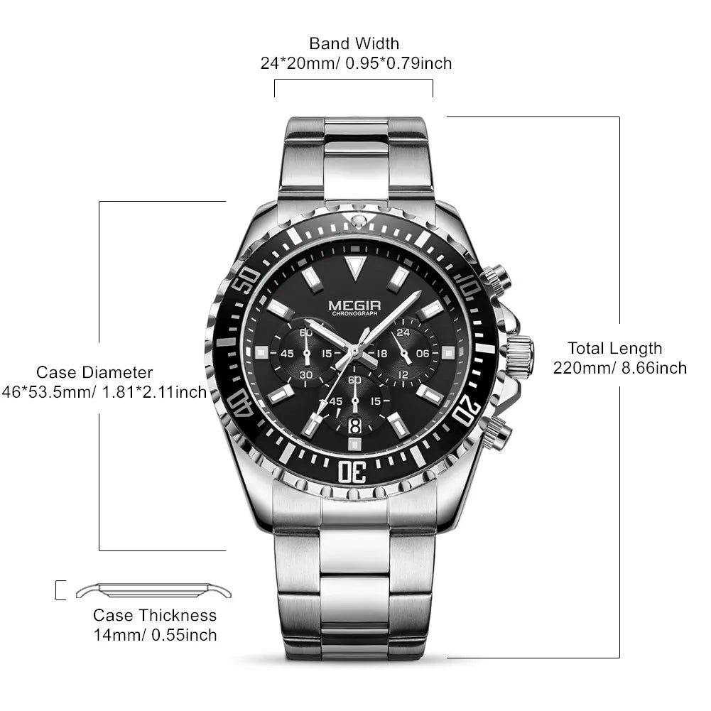MEGIR Original Luxury Men Business Quartz Watches Stainless Steel Chronograph Military Wristwatch Clock Relogio Masculino 2064