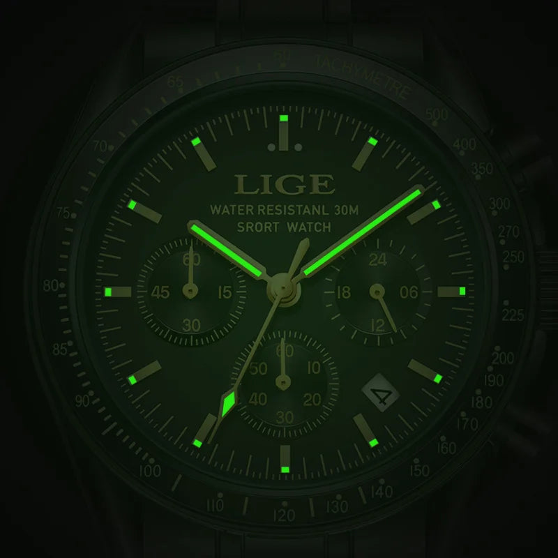 LIGE Luxury Men Watches Luminous Calendar Quartz Watch Mens Waterproof Stainless Steel Man Wristwatch Sport Business Male Clock