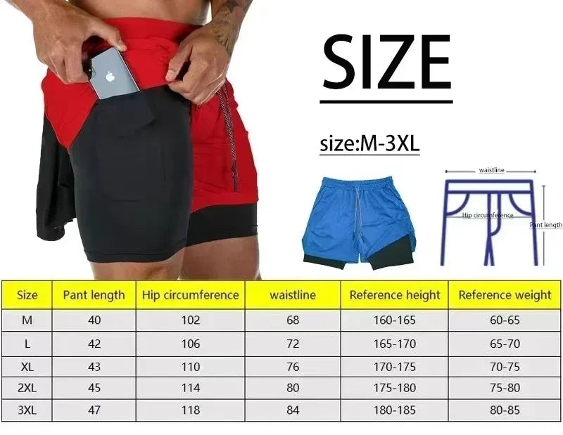Summer Men's Gym Fitness Workout Shorts Quick-drying Two-in-one Sports Compression Double-layer Shorts Casual Daily M-3XL