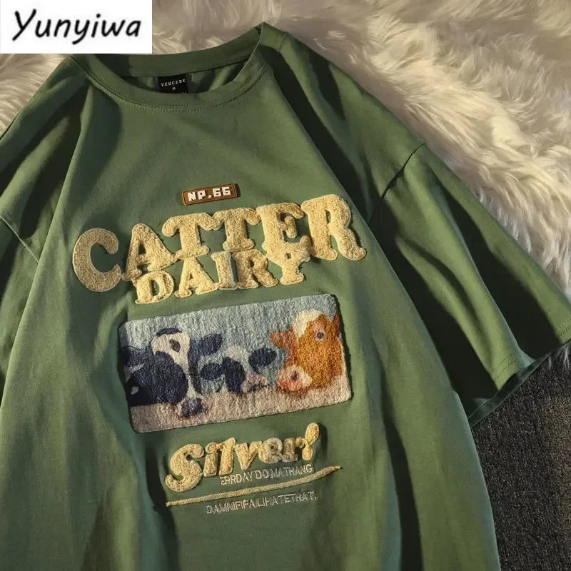 Cotton Oversize Flocking Tees American Ancient Calf Short Sleeve Shirt Men Women Summer Vintage Letter Streetwear Top