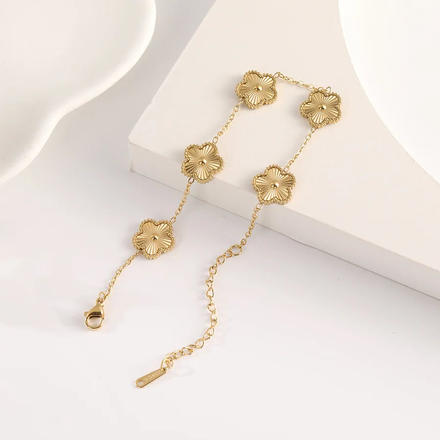 Classic Lucky Five-leaf Flower Clover Golden Stainless Steel Bracelet Fashion Waterproof Women‘s Jewelry Gift