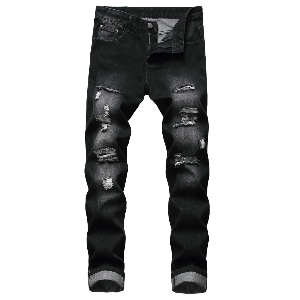 Cross-Border Men's Wear Ripped Straight-Leg Slim Fit Smooths Your Silhouette No Stretch Jeans Light-Colored Denim Trousers Amazo
