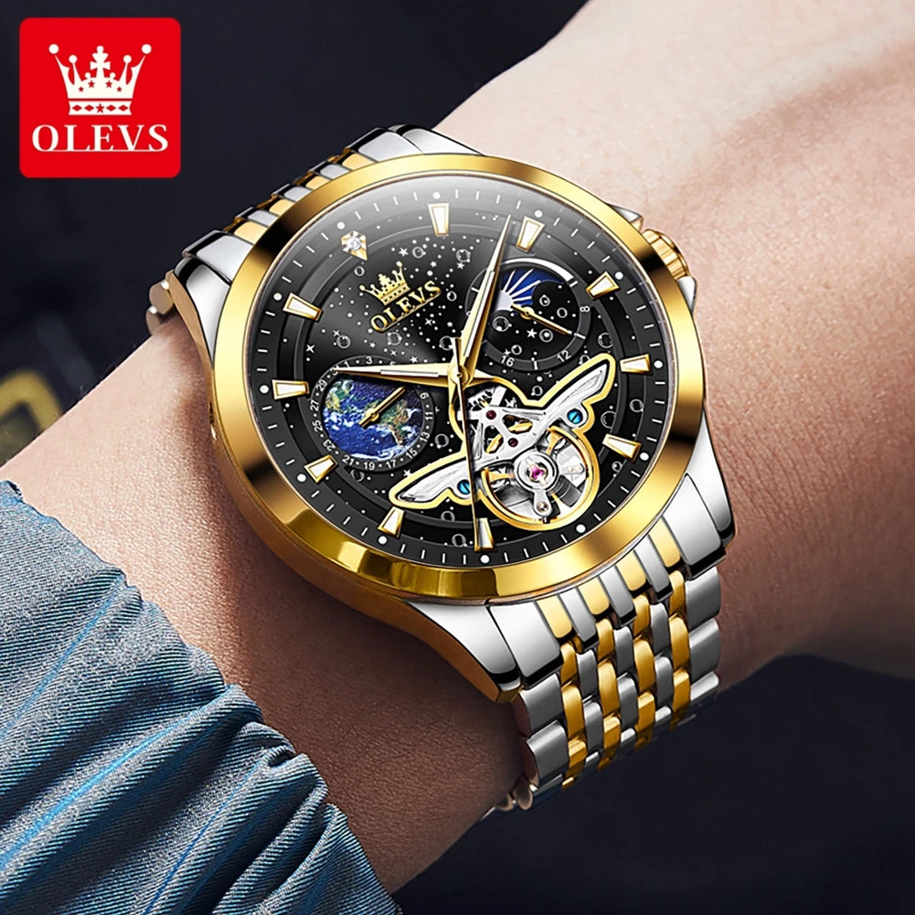 OLEVS Brand Luxury Tourbillon Mechanical Watch for Men Stainless Steel Waterproof Luminous Moon Phase Fashion Starry Sky Watches