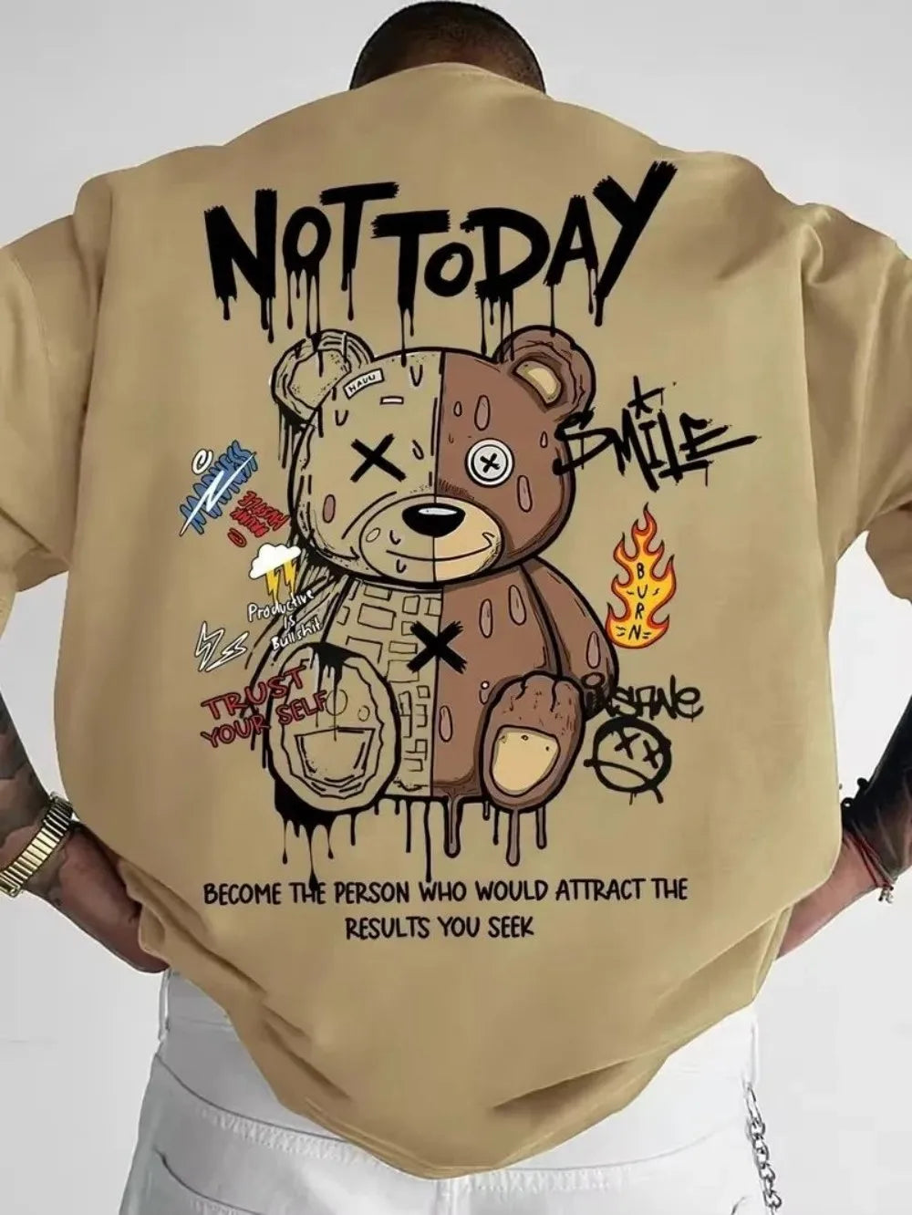 American men's summer spliced teddy bear letter cherry blossom comfortable and breathable round neck T-shirt outdoor street top