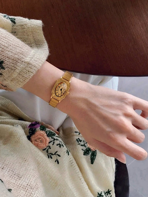 1 New Model of Gold-Colored French Classic Retro Style High-End Elegant Compact Exquisite Women's Waterproof Quartz Watch with Stainless Steel Strap, Rectangular Engraved Dial with Arabic Numerals, Fashionable, Artistic, Casu