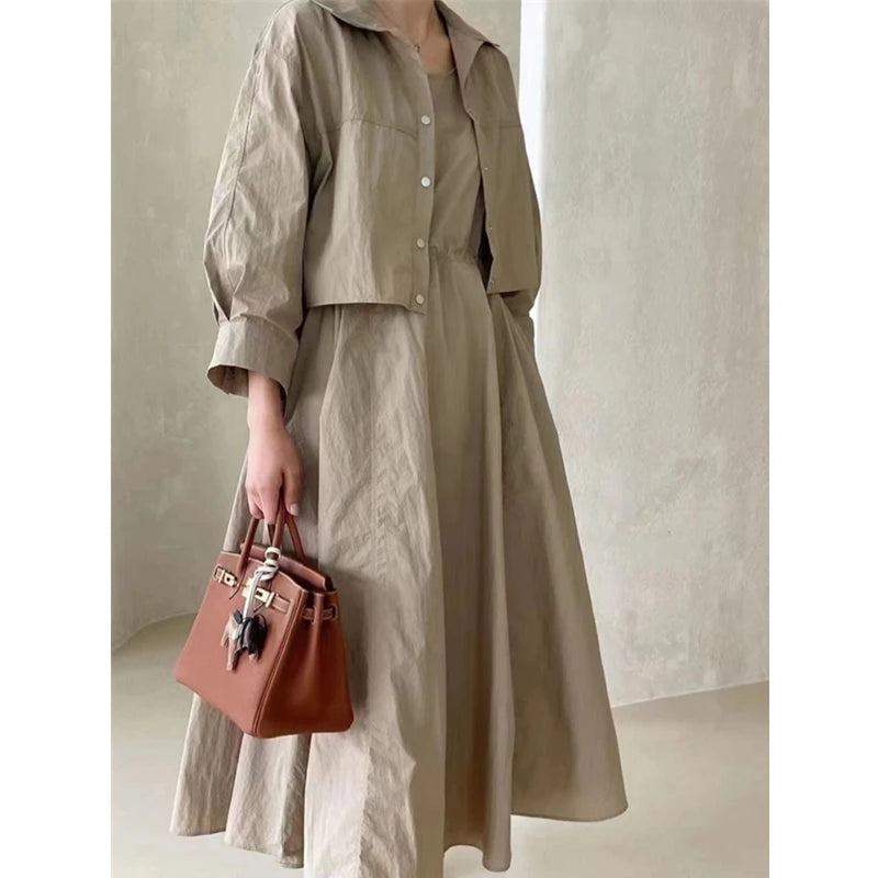 REALEFT Summer 2 Pieces Women's Dress Suits Turn-down Short Jacket and Solid Casual Tank Dress Sets Outfits 2024 New Spring