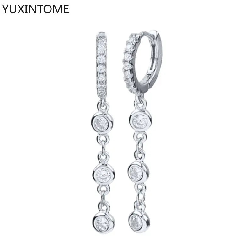 925 Sterling Silver Needle Shiny Round Zircon Pendant Hoop Earrings Exquisite Long Chain Stud Earrings Women's Fashion Jewelry