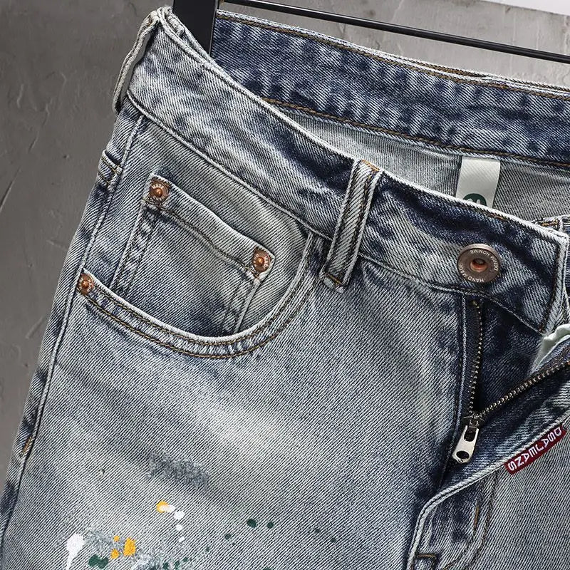Men's Casual Spring Autumn Pencil Pants Patchwork Washed Hiphop Distressed Slim Designer Luxury Clothing Ink Jet Boyfriend Jeans