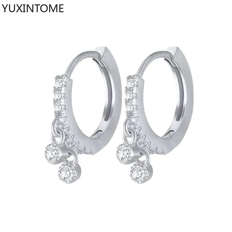 925 Sterling Silver Needle Shiny Round Zircon Pendant Hoop Earrings Exquisite Long Chain Stud Earrings Women's Fashion Jewelry