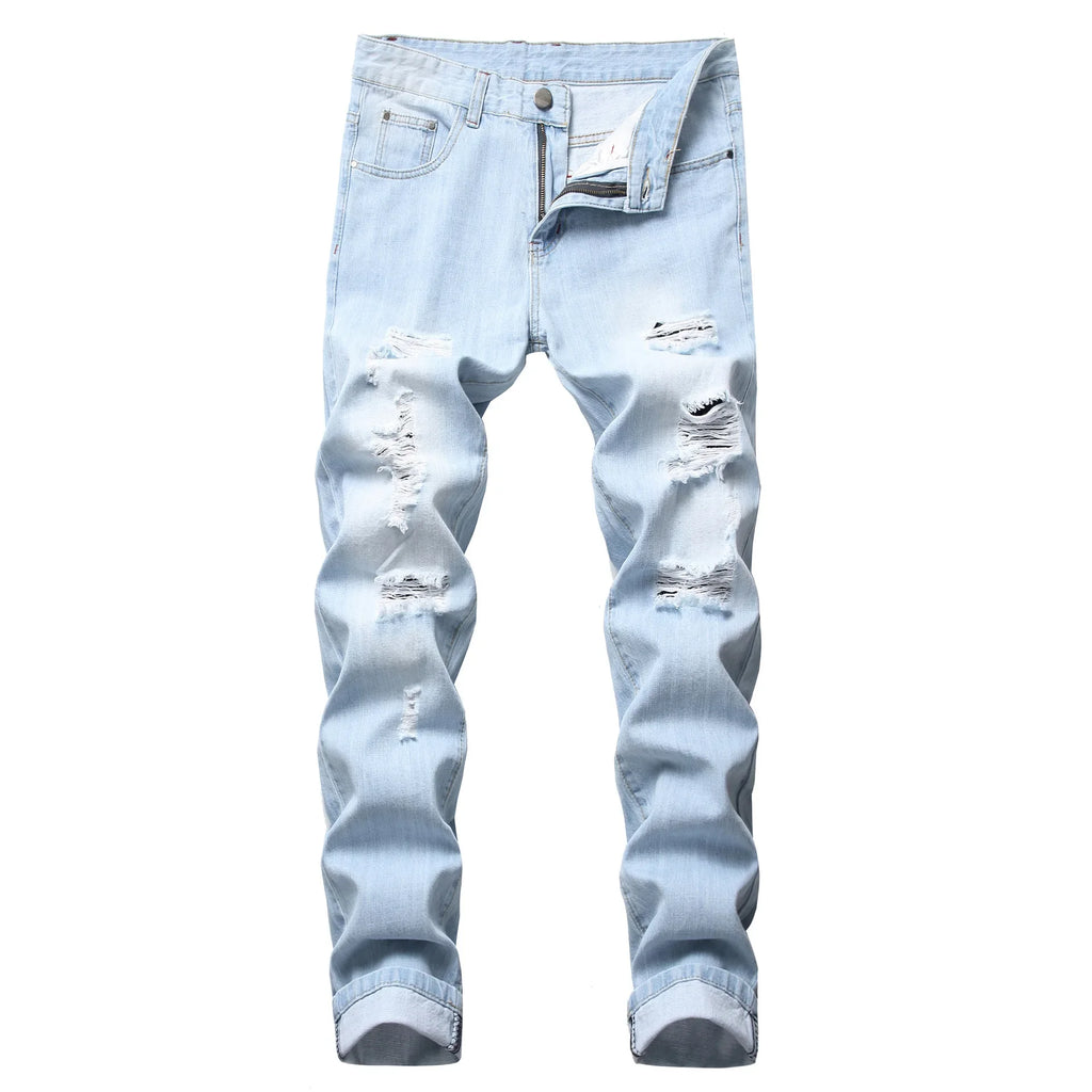 Cross-Border Men's Wear Ripped Straight-Leg Slim Fit Smooths Your Silhouette No Stretch Jeans Light-Colored Denim Trousers Amazo