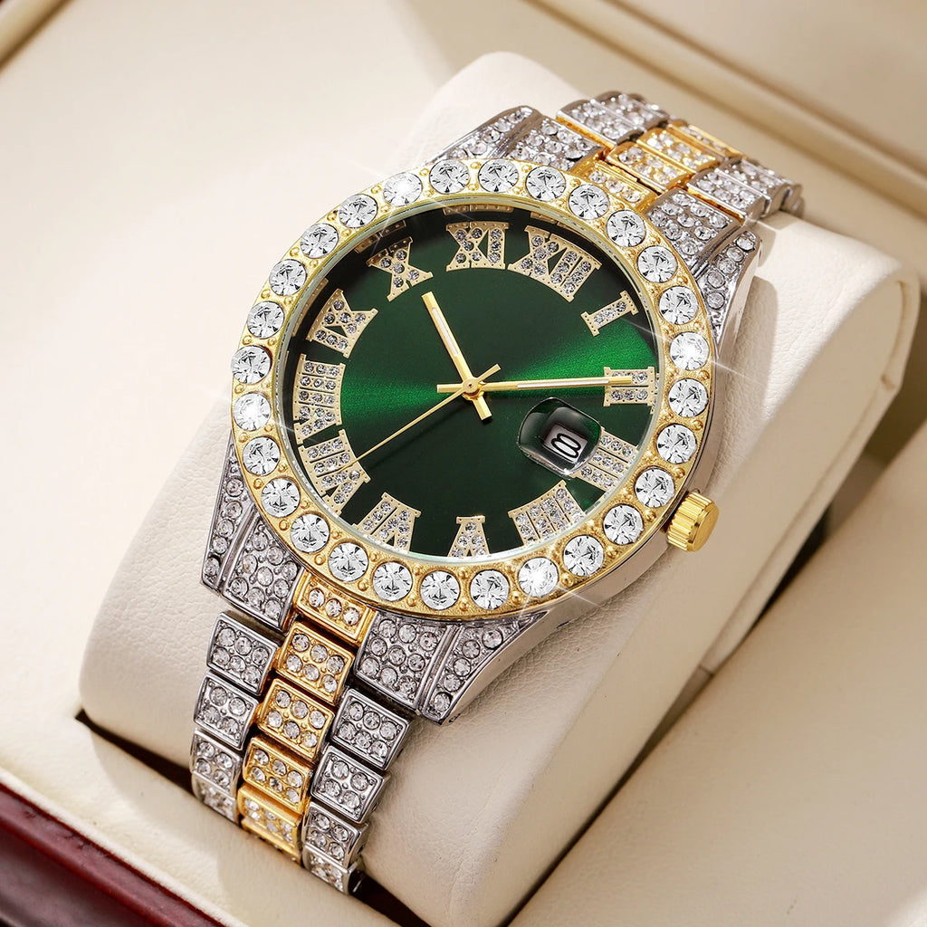 Luxury Full Diamond Men Calendar Quartz Watch Fashion Stainless Steel Band Male Quartz Wristwatches Date Clock Reloj Hombre