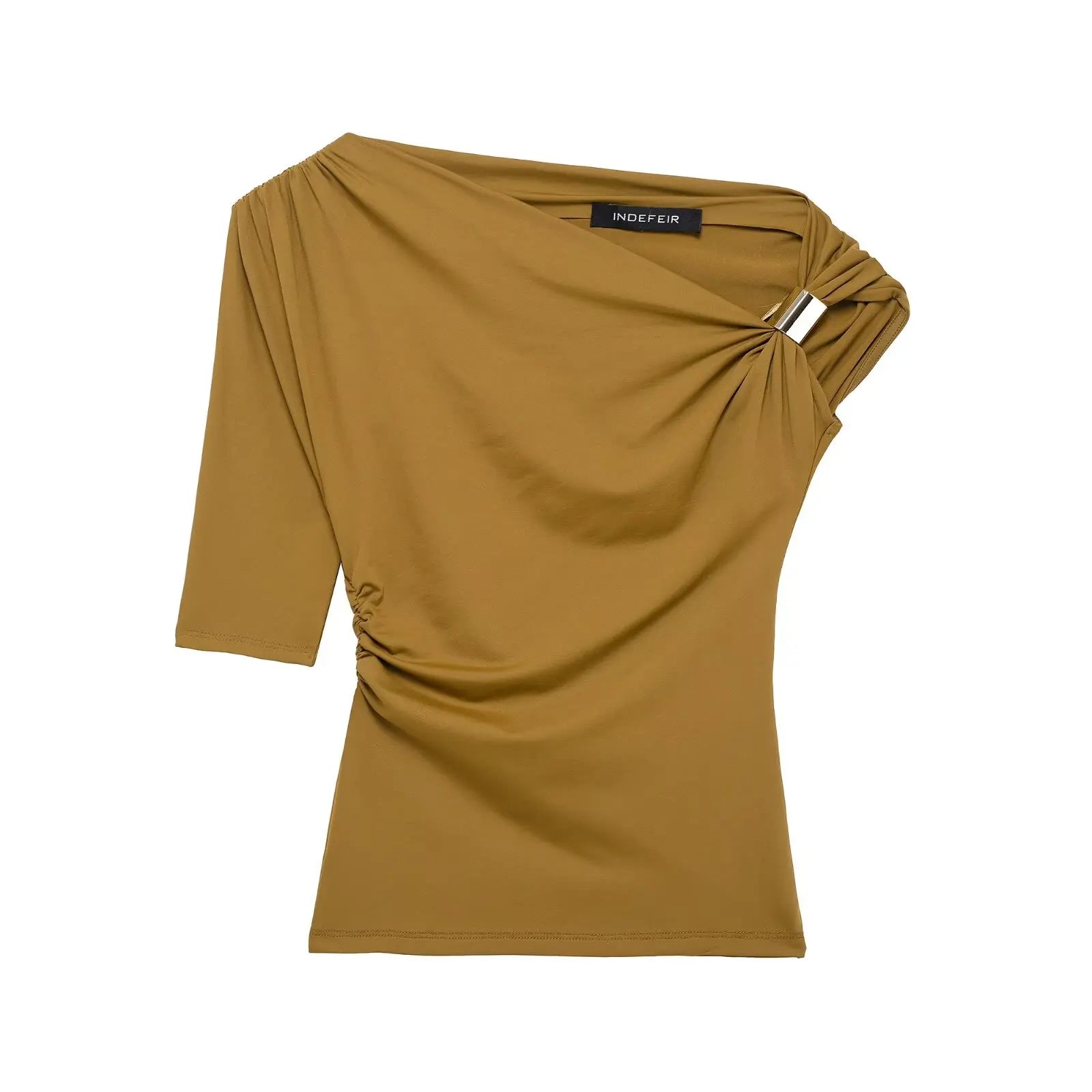 HH Vintage Women's Asymmetric Bustier Tops 2025 Female Sexy Skew Collar Off-shoulder Pleated Metal Decorate Shirt Streetwear
