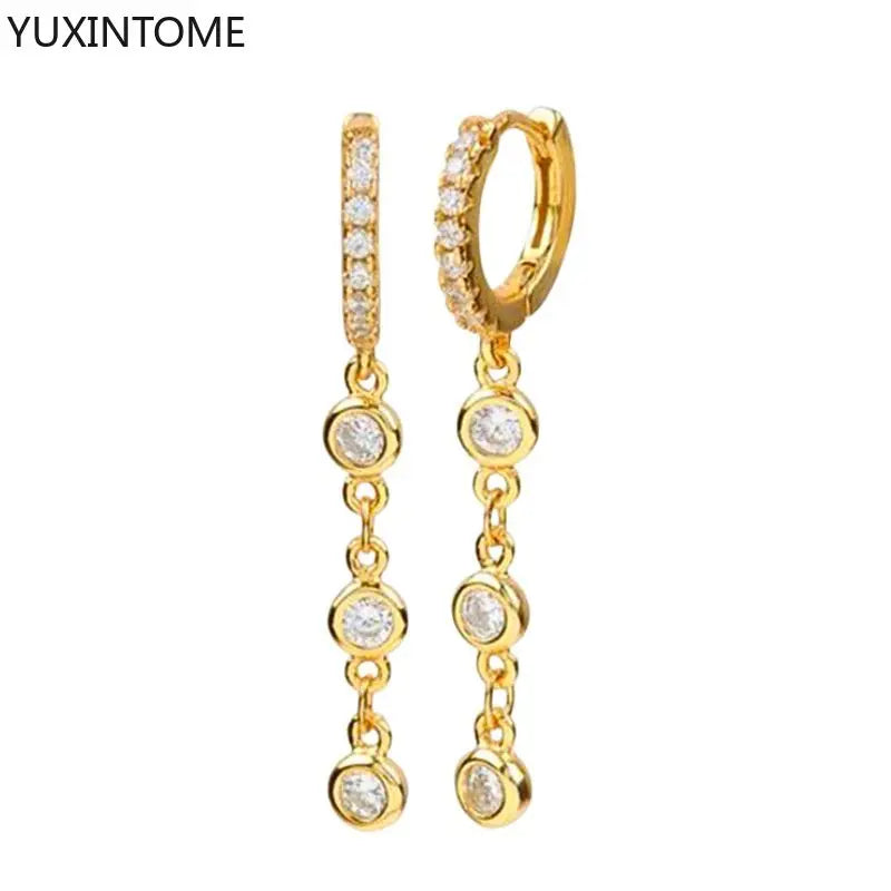 925 Sterling Silver Needle Shiny Round Zircon Pendant Hoop Earrings Exquisite Long Chain Stud Earrings Women's Fashion Jewelry
