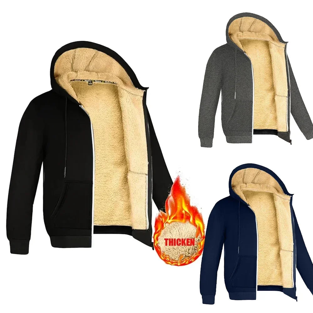 Winter Thicke Jacket Men's Lambwool Hoodies Warm Zipper Sweatshirts Loose Casual Solid Color Zip Up Jackets Long Sleeve Cardigan