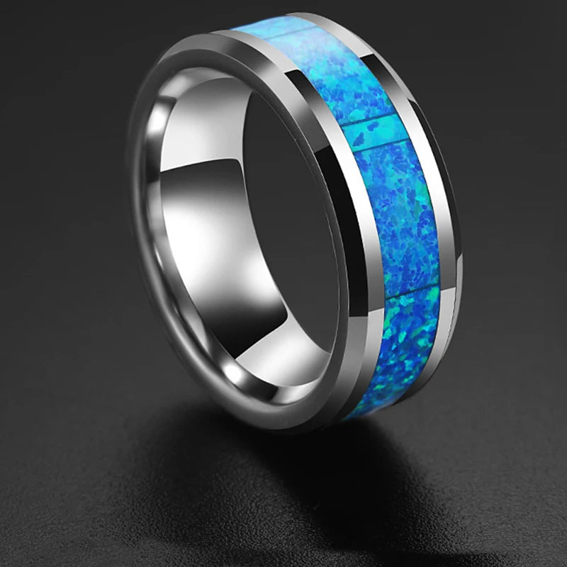 Luxury Blue Fire Opal Stainless Steel Rings Never Fade Engagement Ring Men's Wedding Jewelry