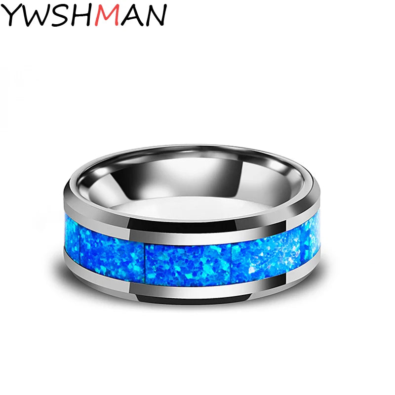 Luxury Blue Fire Opal Stainless Steel Rings Never Fade Engagement Ring Men's Wedding Jewelry